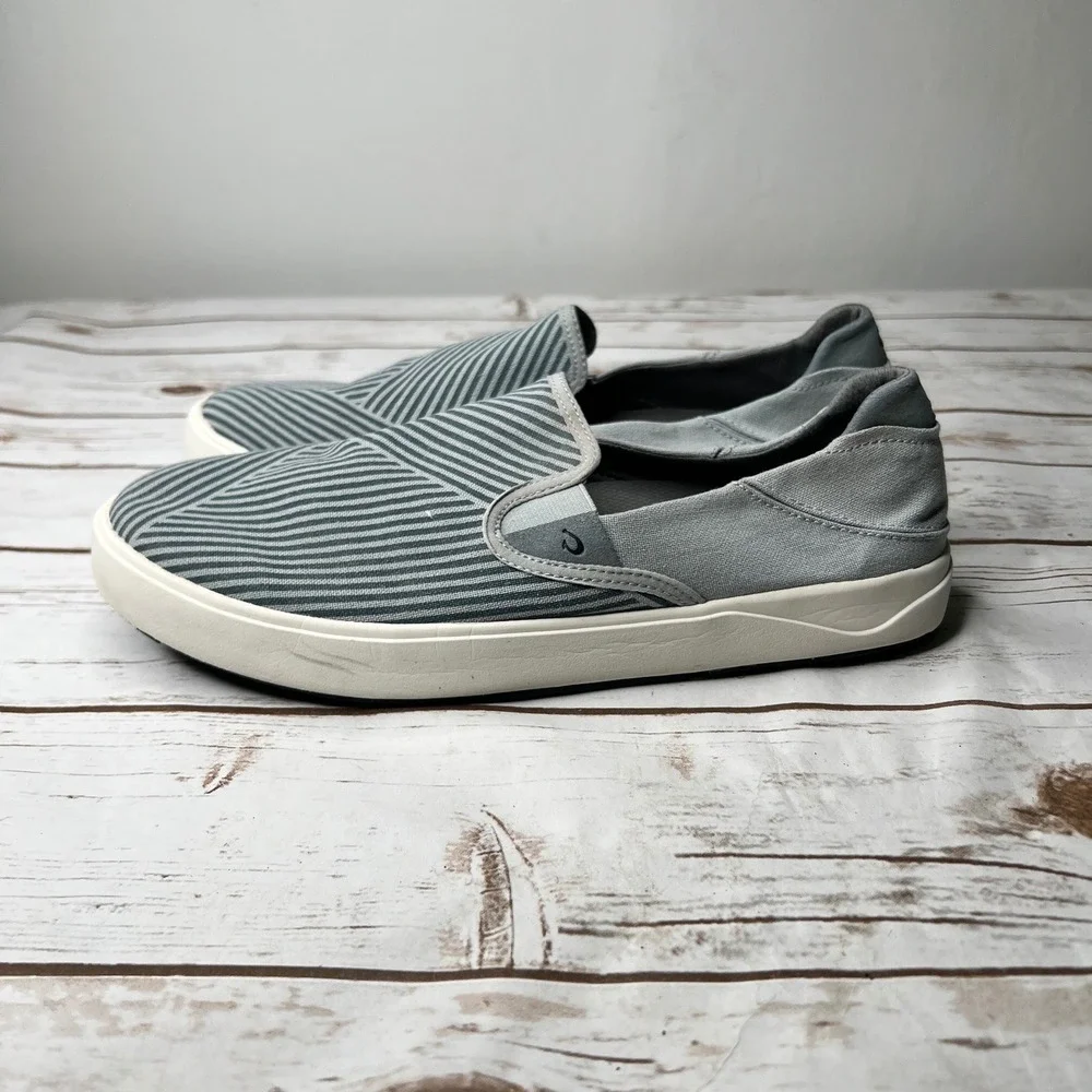 OluKai Lae'ahi Lole Slip On Sneaker Pavement Grey Geometric Stripe Mens 12‎